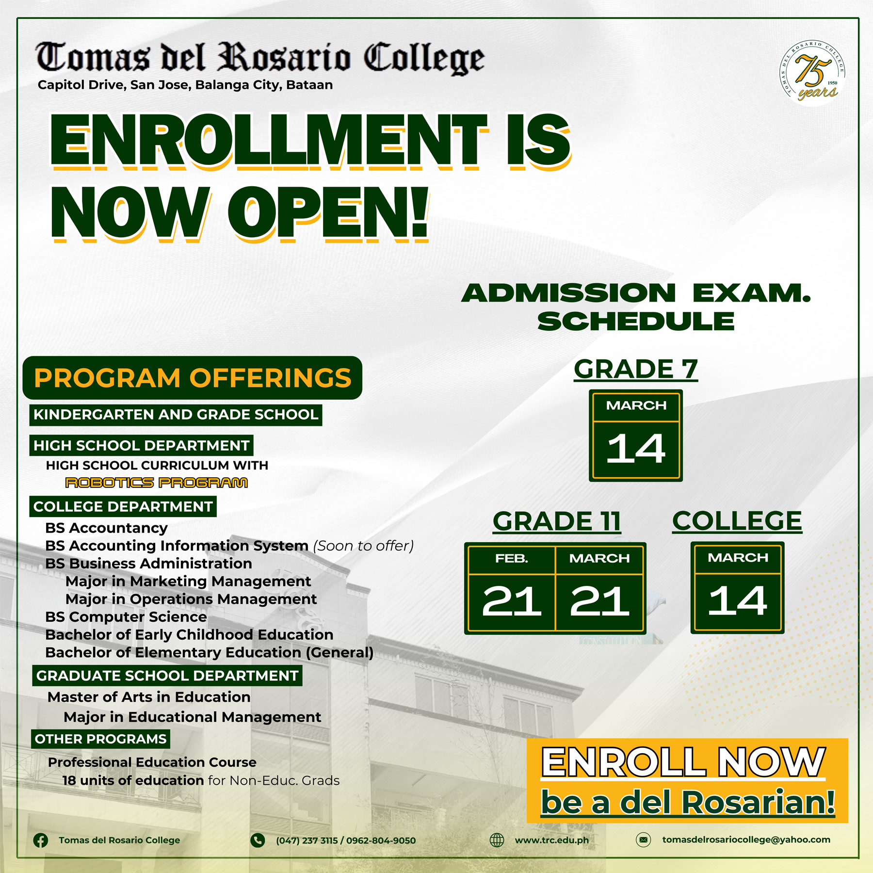 Admission Exam Schedule
